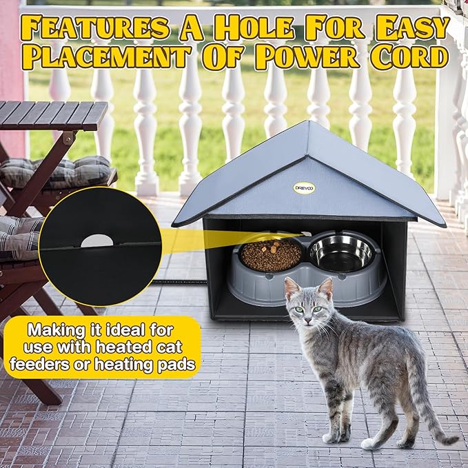 Dreyoo Outdoor Cat Feeding Station for Food & Water, Weatherproof Outdoor Kitty Dining Room Cat Shelter for Stray, Feral Cats and Community Cats, 13”d x 17”w x 15.5'h(1 Pack,Dusty Blue)