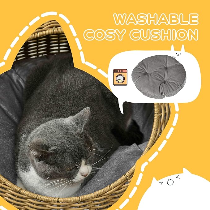 PawHut Rattan Cat Bed, Wicker Cat House Basket with Washable Cushion for Small Indoor Cats and Dogs, Light Brown