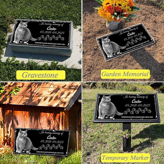 Dog Headstone, Memorial Stone,Black Granite Memorial Garden Stone Engraved with Photo,Pet Headstones Personalized Pet Memorial Stones for Dog,Cat Tombstone (Cat Headstone)