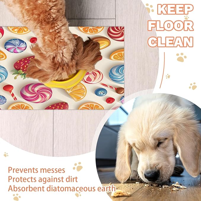 Candyland Party Dog Food Mat for Floors Absorbent Dog Bowl Mat for Food and Water Dispenser Quick Dry Cat Food Placemat Pet Supplies 24" x 32", Sweet Candy