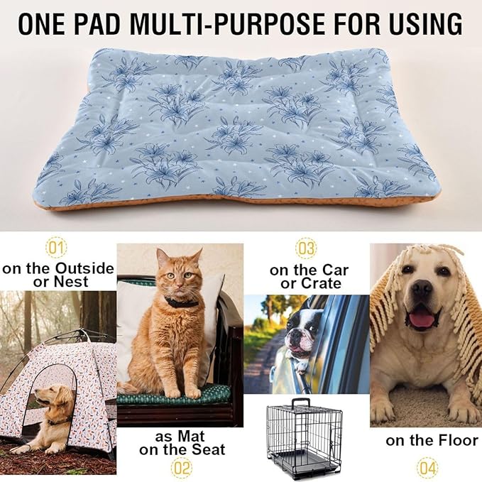 Dog Bed for Crate Washable Pet Sleep Pad, Floral Print Kennel Mat with Non-Slip Bottom, Soft Fluffy Supplies Pet for Dogs and Cats (24x18 inch)