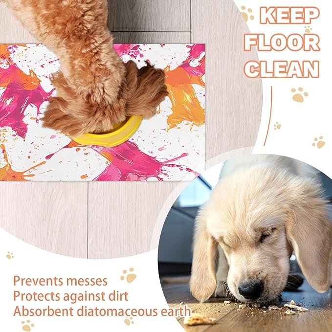 Graffiti Dog Food Mat for Floors Absorbent Dog Bowl Mat for Food and Water Dispenser Quick Dry Cat Food Placemat Pet Supplies 16" x 24", Pink Orange