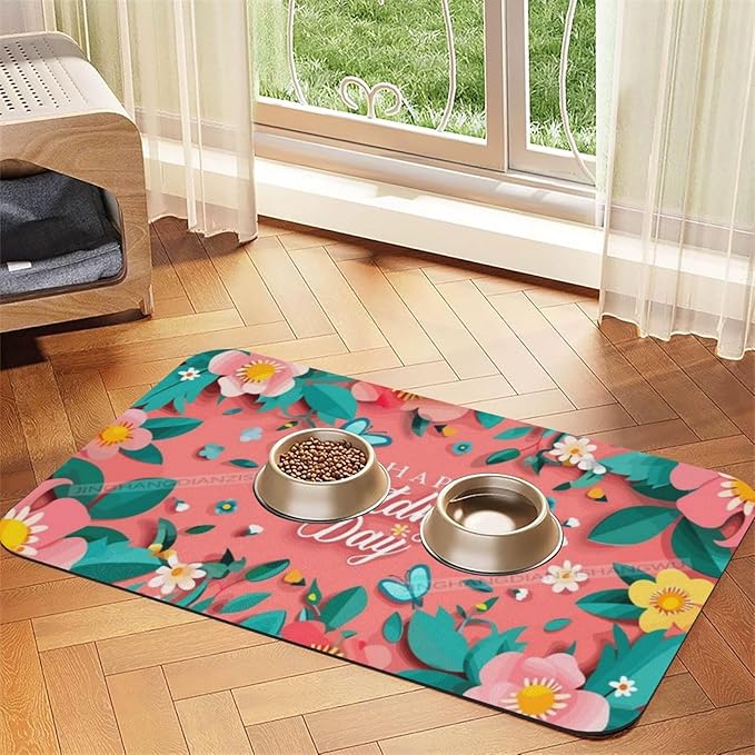 Pet Feeding Mats with Residue Collection Happy Mother's Day Floral Gift for Mom En Waterproof Dog Cat Bowl Mat 18X12In with Prevent Water Food Spills