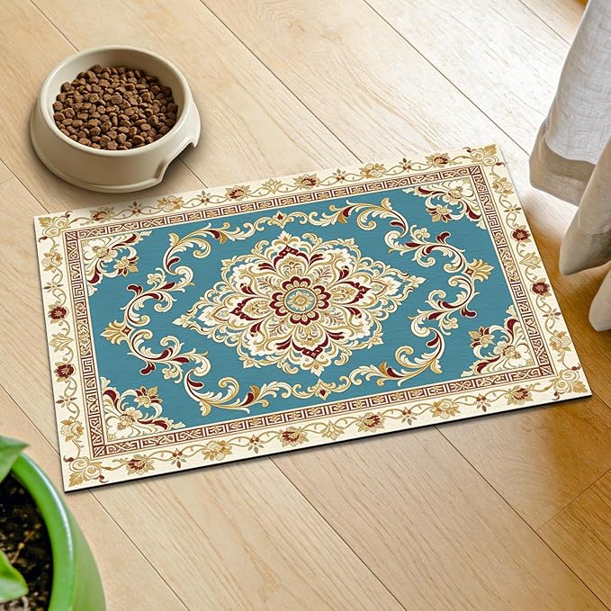 GLOBLELAND French Pastoral Pattern Pet Food Mat for Floors 11.8×20 inch Dogs Food Mats Absorbent Dog Bowl Mat Quick Dry Dog Cat Pet Placemats Pets Supplies for Water Dispenser