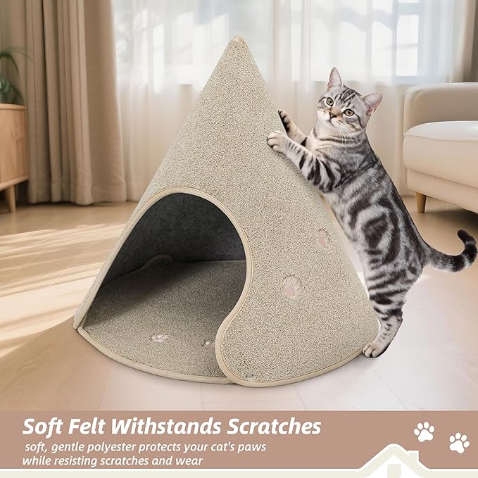 BEQHAUSE Cat Beds for Indoor Cats, Cat Cave Bed with Non-Slip Bottom, Anti-Scratch Cat House Cat Tent for Kittens and Small Dogs, Foldable Kitten Hideaway Machine Washable,22.8 * 22.8 * 20.8in, Beige