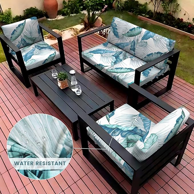 HANDONTIME 8Pcs Patio Cushion Covers Stretch Outdoor Couch Cover Replacement Cushions for Outdoor Furniture Waterproof Patio Furniture Covers for Pets Sofa Cover Washable (Blue Leave,Cover Only)