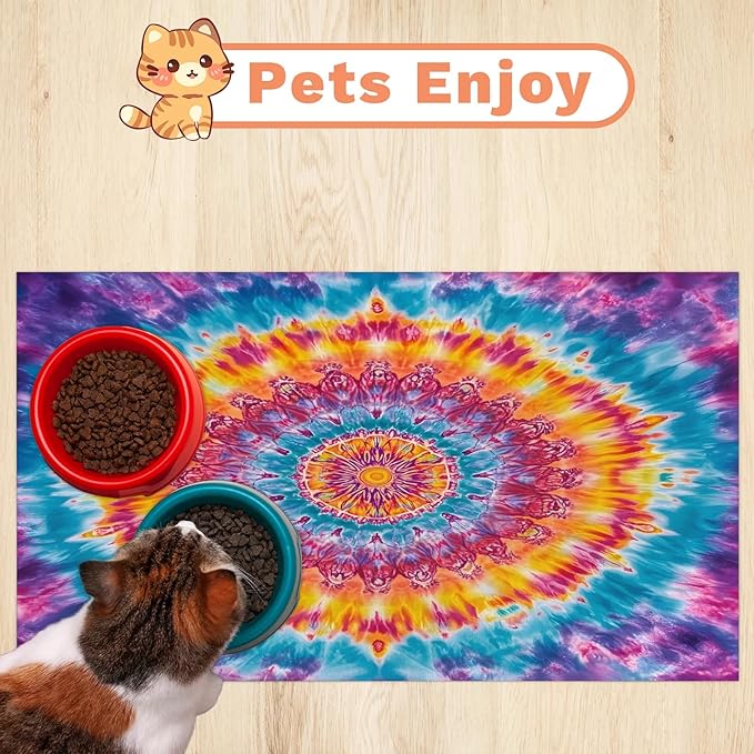 Tie Dye Dog Food Mat for Floors Absorbent, Quick Dry Water Dispenser Mat for Food, Water, Pet Supplies 17" x 30", Boho Mandala Rainbow
