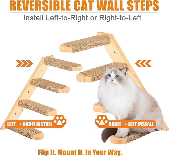 Cat Climbing Shelves Four Stair Shelf Wall Mounted Reversible Left & Right Direction, Cat Stairway Shelf for Climbing with Sisal Rope Ladder Wall Pets Furniture