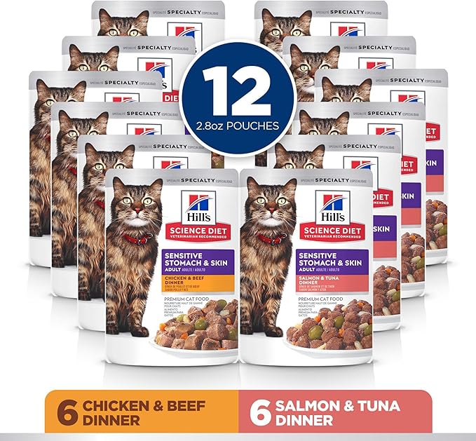 Hill's Science Diet Sensitive Stomach & Skin, Adult 1-6, Stomach & Skin Sensitivity Support, Wet Cat Food, Variety Pack: Chicken & Beef; Salmon & Tuna Stew, 2.8 oz Pouch Variety Pack, Case of 12