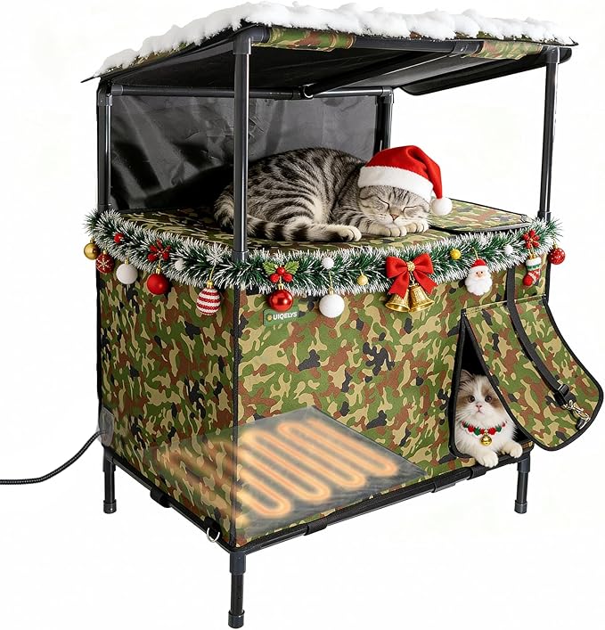Outdoor Cat House, Heated for Winter Waterproof &Insulated Feral Outside Cat Shelter with Heating Pad, Weatherproof Pet Cottage for Barn, Porch, Garage, Gift for Stray Cats