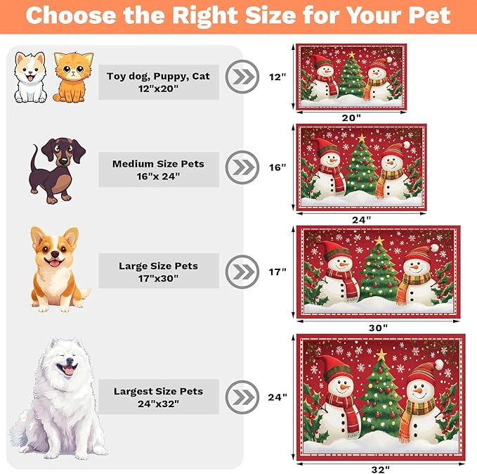 Christmas Snowman Dog Food Mat for Floors Absorbent, Quick Dry Water Dispenser Mat for Food, Water, Pet Supplies 24" x 32", Xmas Tree