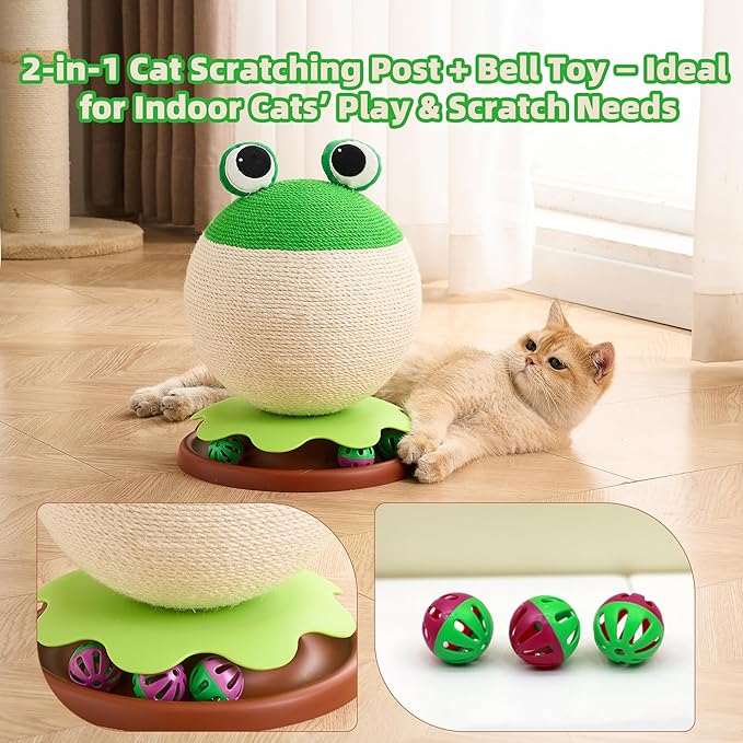 Frog Cat Scratcher - 3 in 1 Cute Cat Scratching Post for Indoor Cats with Bell Ball Track - Natural Sisal Cat Scratcher Ball Toy Orange/Bee Aesthetic Cat Furniture, Space-Saving Interactive Kitten Toy