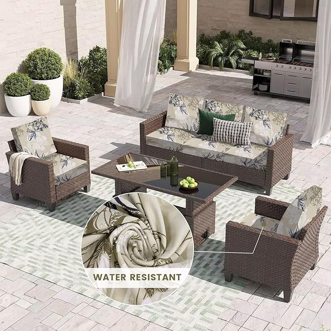 HANDONTIME 8Pcs Outdoor Cushion Covers Waterproof Vintage Patio Cushion Covers Stretch Outdoor Couch Cover Replacement Patio Furniture Cover for Pets Sofa Cover Washable (Khaki Floral,Cover Only)
