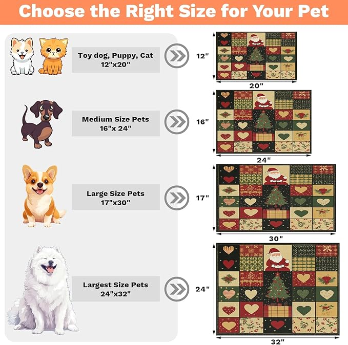 Santa Claus Dog Food Mat for Floors Absorbent, Quick Dry Water Dispenser Mat for Food, Water, Pet Supplies 16" x 24", Christmas Tree