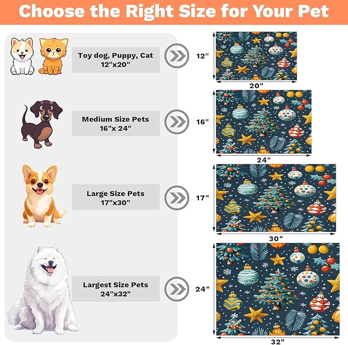 Merry Christmas Dog Food Mat for Floors Absorbent, Quick Dry Water Dispenser Mat for Food, Water, Pet Supplies 16" x 24", Ball Tree