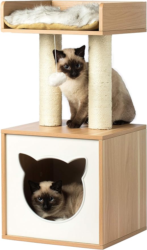 Cat Tree Play House Condo Cube Cave, Platform, Scratcher Post and Ball Toy
