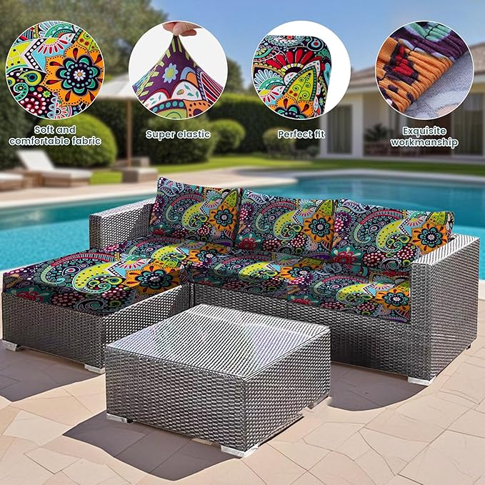 HANDONTIME 8Pcs Outdoor Patio Cushion Covers Boho Paisley Stretch Couch Cushion Cover Patio Couch Slipcover for Outdoor/Indoor Washable Non-Slip Furniture Protector for Pet (Blue Green,Cover Only)