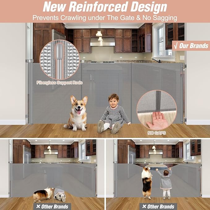 Reinforced 42" Extra Tall x 75" Wide Retractable Baby Gates with Support Rods - Prevent Crawling Under Extra Tall Pet Gate Indoor Mesh Baby Gates for Dogs Outdoor Retractable Gate, Gray