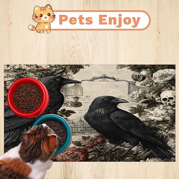 Halloween Skull Dog Food Mat for Floors Absorbent, Quick Dry Water Dispenser Mat for Food, Water, Pet Supplies 12" x 20", Raven Flower