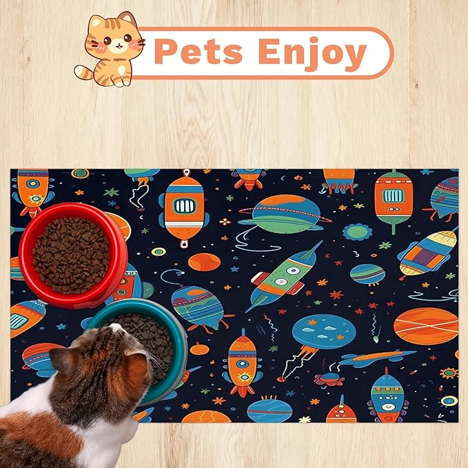 Outer Space Dog Food Mat for Floors Absorbent, Quick Dry Water Dispenser Mat for Food, Water, Pet Supplies 16" x 24", Rocket Planets
