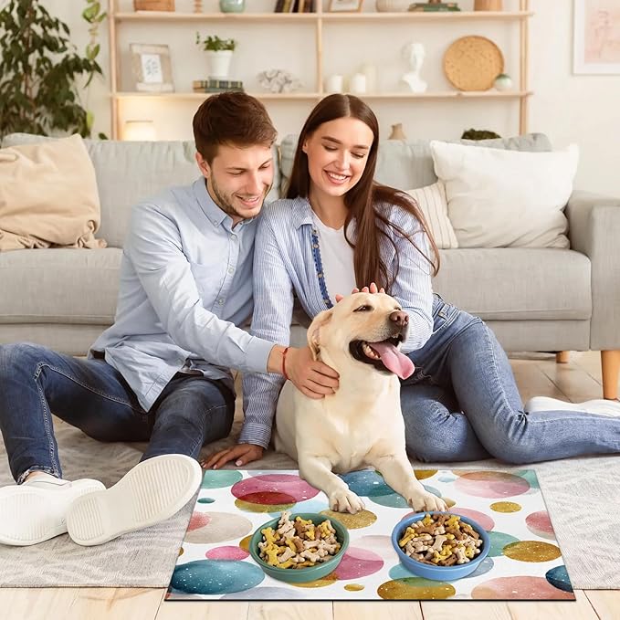 Polka Dot Dog Food Mat for Floors Absorbent Dog Bowl Mat for Food and Water Dispenser Quick Dry Cat Food Placemat Pet Supplies 17" x 30", Watercolor Circle