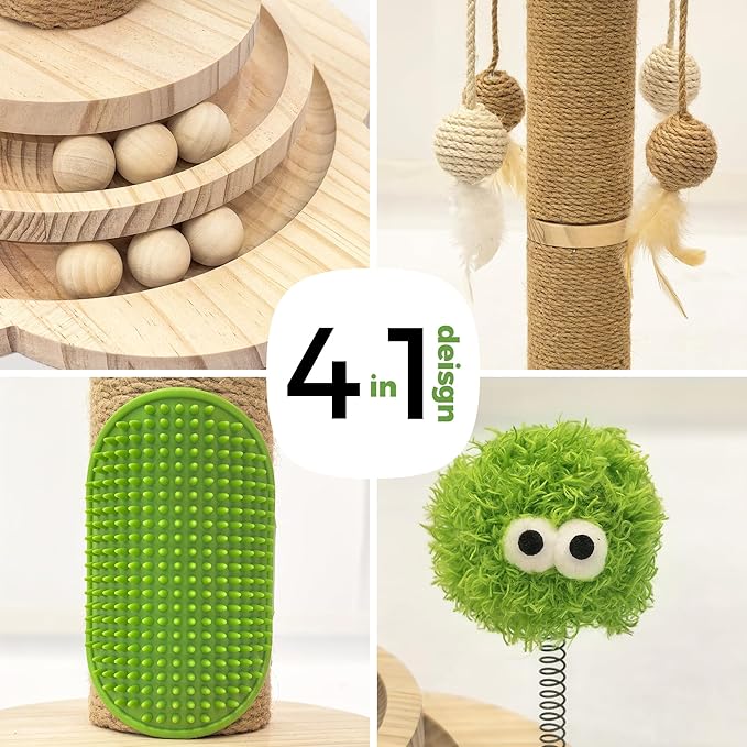 TINYBEAST Wooden Cat Scratching Post, 4 in 1 Cat Scratcher Toy with Cat Ball Tracks, 25" Tall Sisal Scratch Post for Indoor Kittens Adult Cats, Interactive Feather Toy and 4 Sisal Hanging Balls
