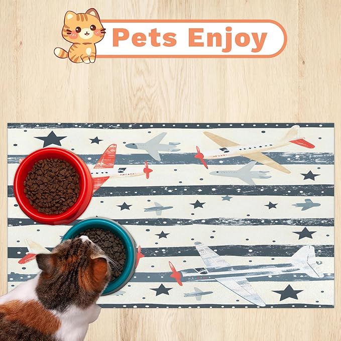 Cute Airplane Dog Food Mat for Floors Absorbent, Quick Dry Water Dispenser Mat for Food, Water, Pet Supplies 16" x 24", Cartoon Plane