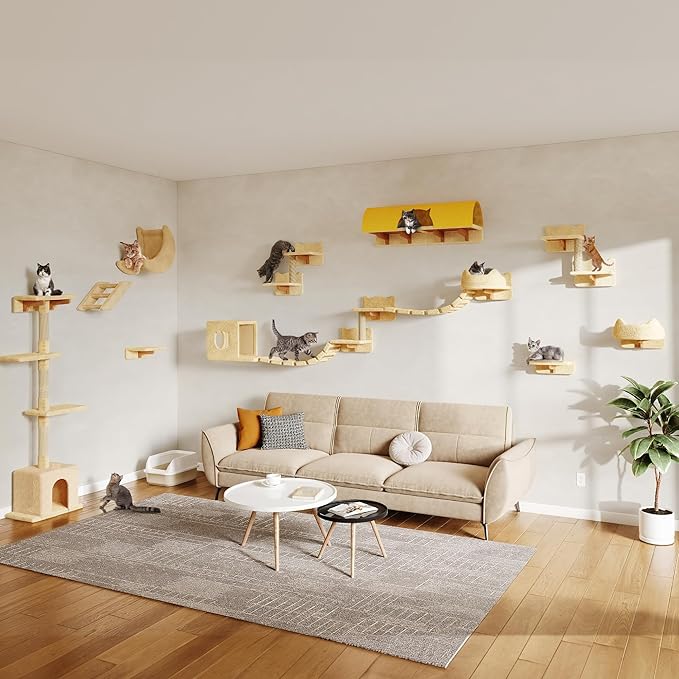 26-in-1 Cat Wall Shelves, Wall Mounted Pet Furniture w/Plush Fabric, Cat Climbing Wall System, 63'' Cats Tower w/Scratching Posts, Cats Shelf with 40''L Tunnel, Condos, House, Step and Ladder