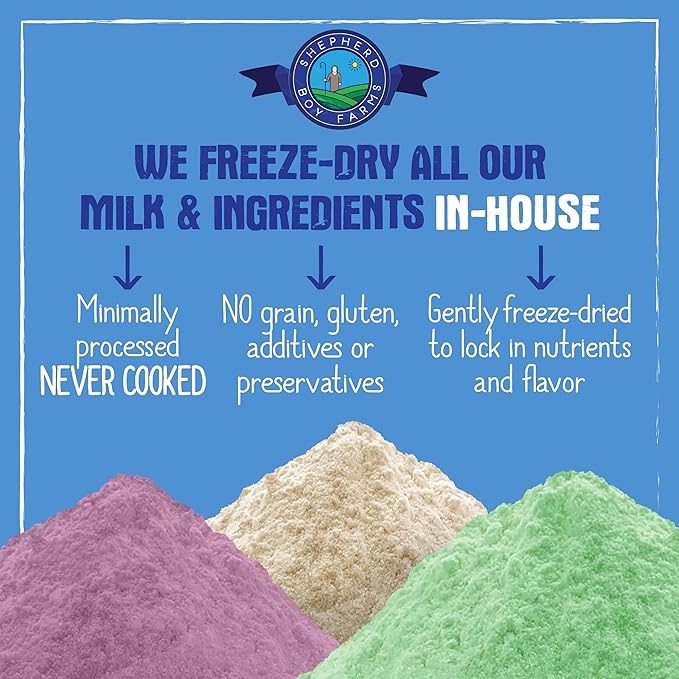 Shepherd Boy Farms Freeze Dried Raw Goats Milk with Probiotics for Dogs & Cats (Super Fruits), Organic USA Fruits, Digestible Goat Milk Powder, Raw Nutrition, High Protein Food Topper - Makes 16 FL Oz