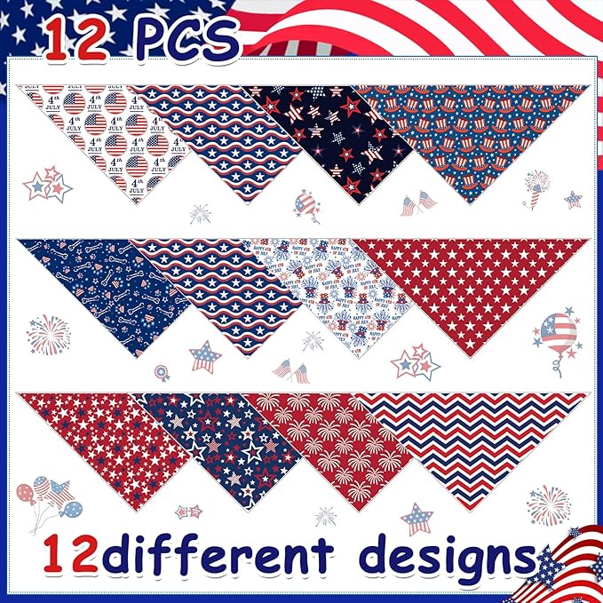 12Pcs 4th of July Dog Bandanas Bulk Independence Day Dog Bandana Adjustable Triangle Reversible Pet Accessories Patriotic American Flag Puppy Scarf for Small Medium Large Dogs Cats Memorial Day Supply