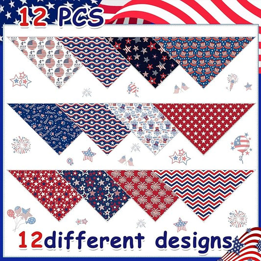 12Pcs 4th of July Dog Bandanas Bulk Independence Day Dog Bandana Adjustable Triangle Reversible Pet Accessories Patriotic American Flag Puppy Scarf for Small Medium Large Dogs Cats Memorial Day Supply