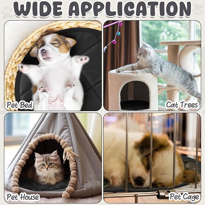2 Pcs Self Warming Cat Mat Round Self Heating Pad Bed Reversible Machine Washable Heated Bed Anti Slip Warming Pad Pet Mat for Cat Crate Indoor Outdoor(Black,16 Inch)