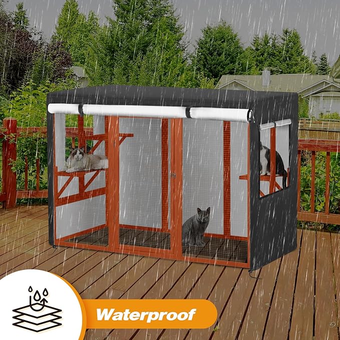 Catio Cover,72.5" L x 33" W x 44.5" H Cover for Catio Outdoor Cat Enclosure Waterproof, 420D Cat Cage Covers for Nyeekoy Cats Catios, Outdoor Cats Enclosure Covers(Black)(Catios Not Included)