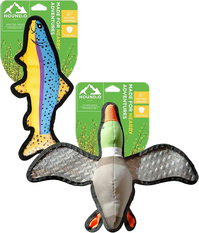 Plush Dog Toys | 2 Pack Flying Duck & Trout Fish Stuffed Animal Squeaky Toy for Dogs | Outdoor Pet Toy Built for Adventure