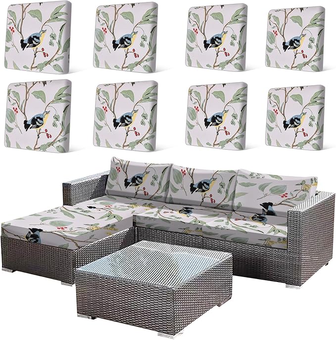 HANDONTIME 8Pcs Outdoor Patio Cushion Covers Bird Branch Stretch Couch Cushion Cover Patio Couch Slipcover for Outdoor/Indoor Washable Non-Slip Furniture Protector for Pet (Branches Birds,Cover Only)