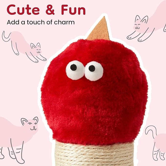 Indoor Cat Scratching Post: 22 in Tall Cat Scratcher with Natural Sisal Rope, Cute Monster Design Kitty Pet Tower with Sturdy Wood Base, Great Gift for Small and Large Kittens, Red