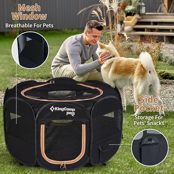 KingCamp Dog Playpen, Portable Foldable Cat Kitten Puppy Tent Crates 29"/36"/50" Pop Up Pet Playpen with Zippered Bottom & Cover for Indoor Outdoor Use (Small, Black)