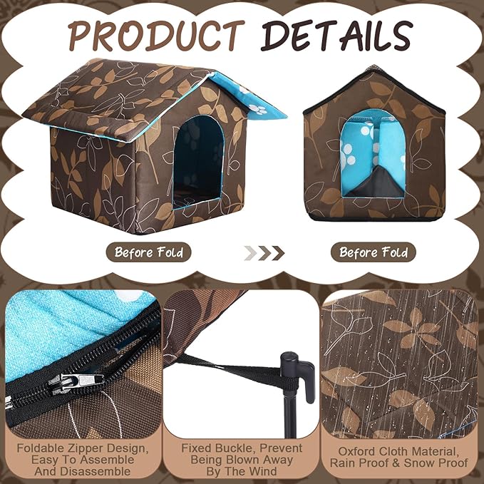 Cat House Outdoor Waterproof Houses for Feral Cats Dogs Pet Shelter Collapsible Dog House with Self Warming Pad Blanket, 3 Pcs Tent Stakes (18 x 17 x 16 Inch)