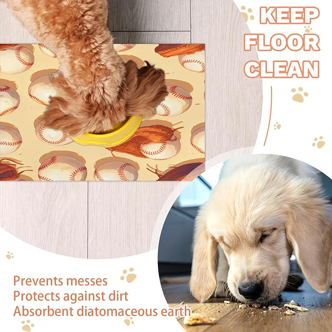Baseball Dog Food Mat for Floors Absorbent, Quick Dry Water Dispenser Mat for Food, Water, Pet Supplies 16" x 24", Sports Theme