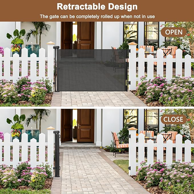 Weatherproof Outdoor Retractable Gate for Dogs with No Rust Stainless Steel Screws and Rods, 55" Wide Waterproof Retractable Baby Gates, Scratch-Resistant Mesh Safety Outdoor Pet Gate for Deck, Black