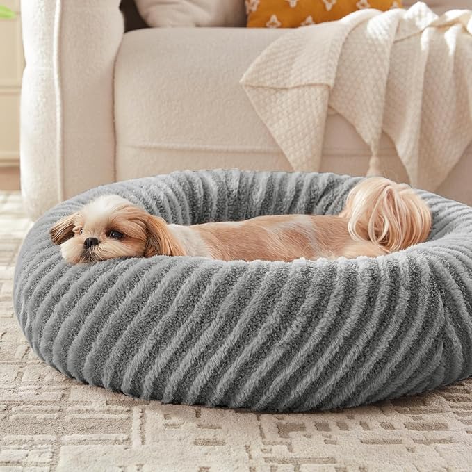 MIXJOY Dog Beds for Small Dogs, Washable Dog Bed with Removable Cover, Small Cat Bed for Indoor Cats, Calming Soft Dount Pet Beds with Anti Slip Bottom, Cute Puppy Beds, 23"x23"x8", Grey