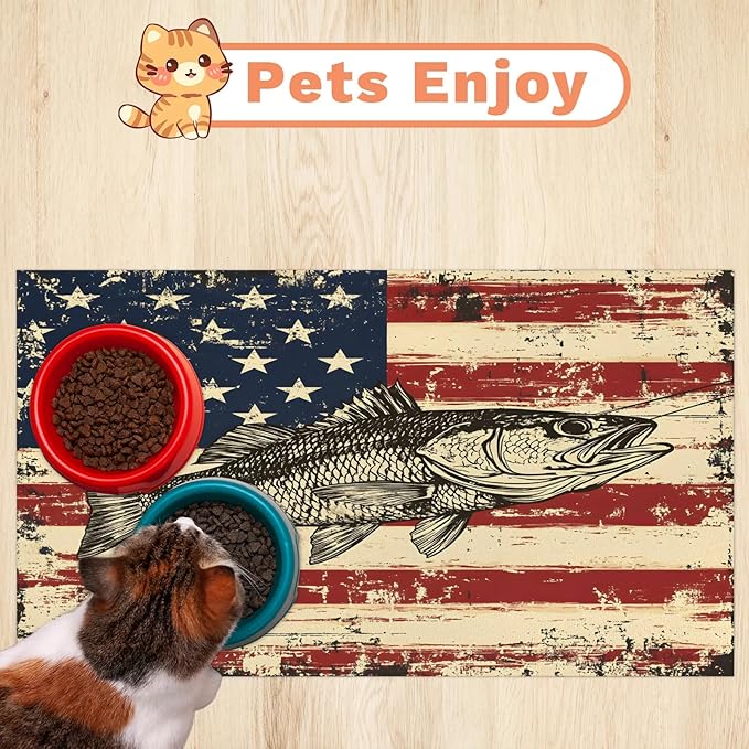 Vintage American Flag Dog Food Mat for Floors Absorbent Dog Bowl Mat for Food and Water Dispenser Quick Dry Cat Food Placemat Pet Supplies 16" x 24", Bass Fish