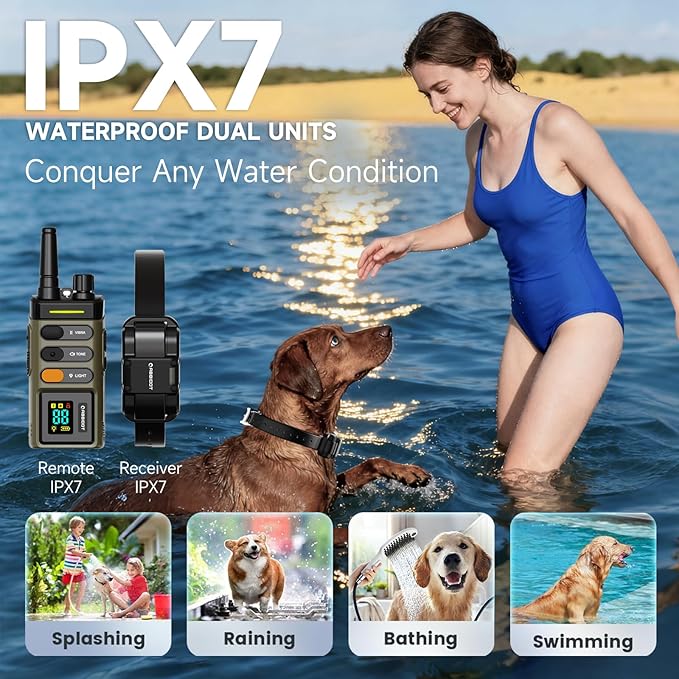 ABBIDOT Long Range Dog Shock Collar with Remote Control 1 Mile/5280 Ft, Safe Shock, Vibrate, Tone, Flashing Beacon Lights, IPX7 Waterproof Rating & Rechargeable E-Collar for All Breeds