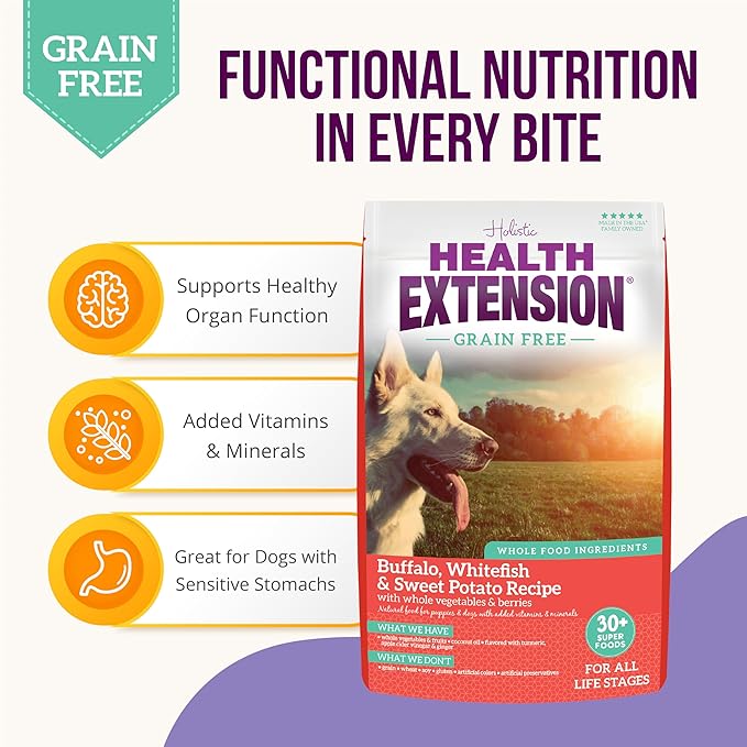 Health Extension Grain Free Buffalo & Whitefish Dry Dog Food - 30+ Superfoods and Probiotics for All Life Stages (23.5lb)