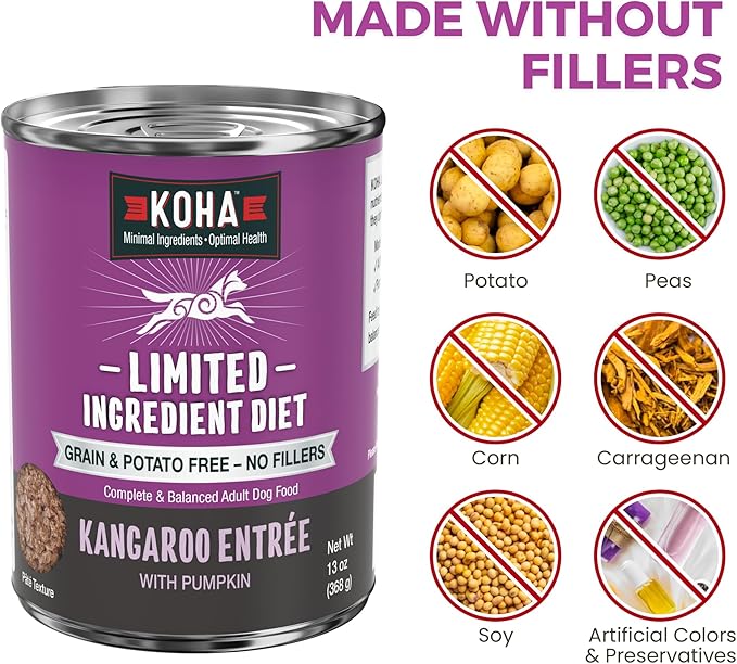 KOHA Limited Ingredient Diet Kangaroo Entrée for Dogs - Grain Free Wet Dog Food with No Fillers - Sensitive Stomach Kangaroo Dog Food - 13 oz Pack of 13
