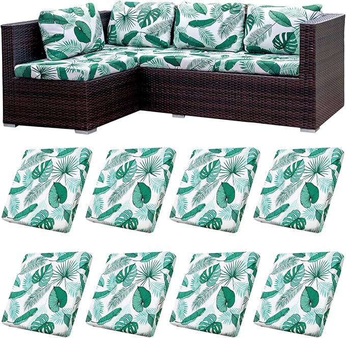HANDONTIME Tropical Leaves Outdoor Cushion Covers 8pcs Green Leaves White Couch Cushion Covers Replacement Patio Couch Cover Sofa Cover Indoor Patio Cushion for Outdoor Furniture Washable, Cover Only