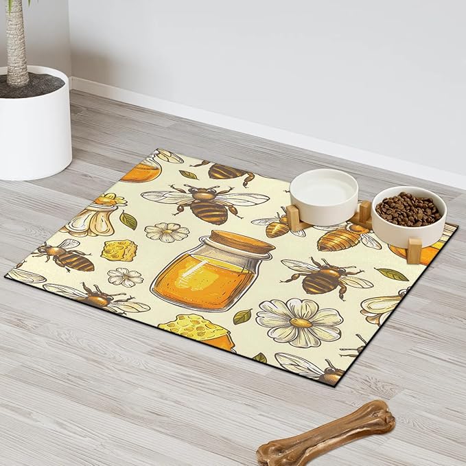 Honey Bee Dog Food Mat for Floors Absorbent, Quick Dry Water Dispenser Mat for Food, Water, Pet Supplies 24" x 32", Daisy Flower