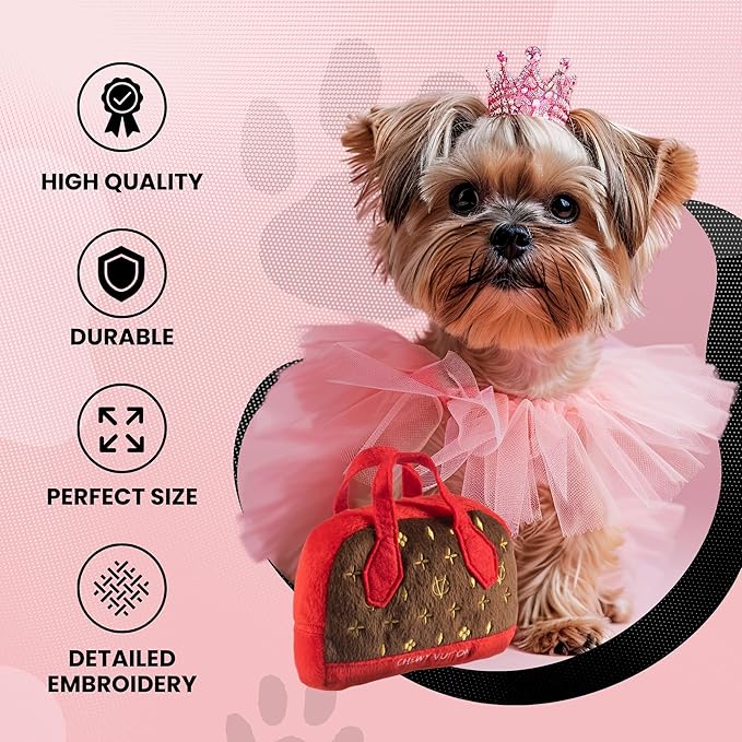 Dog Diggin Designs Chewy Vuiton Posh Purse Plush Dog Toy | Luxury-Inspired Parody Designer Handbag with Squeaker, Soft Plush Fashion Dog Toy – Haute Couture Purses & Handbags