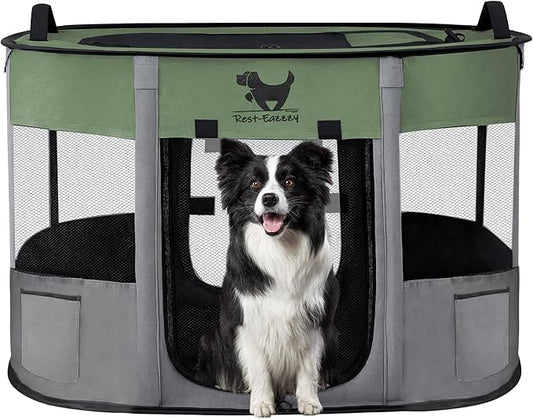 Rest-Eazzzy Dog Playpen, Foldable Kitten Playpen for Medium Dogs, Portable Pet Puppy Playpen with Removable Shade Cover, Indoor Outdoor Travel Camping Use for Small Pets with Carrying Case (M, Green)