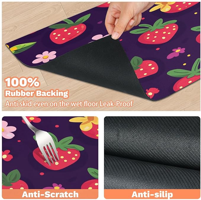 Strawberry Dog Food Mat for Floors Absorbent Dog Bowl Mat for Food and Water Dispenser Quick Dry Cat Food Placemat Pet Supplies 24" x 32", Floral